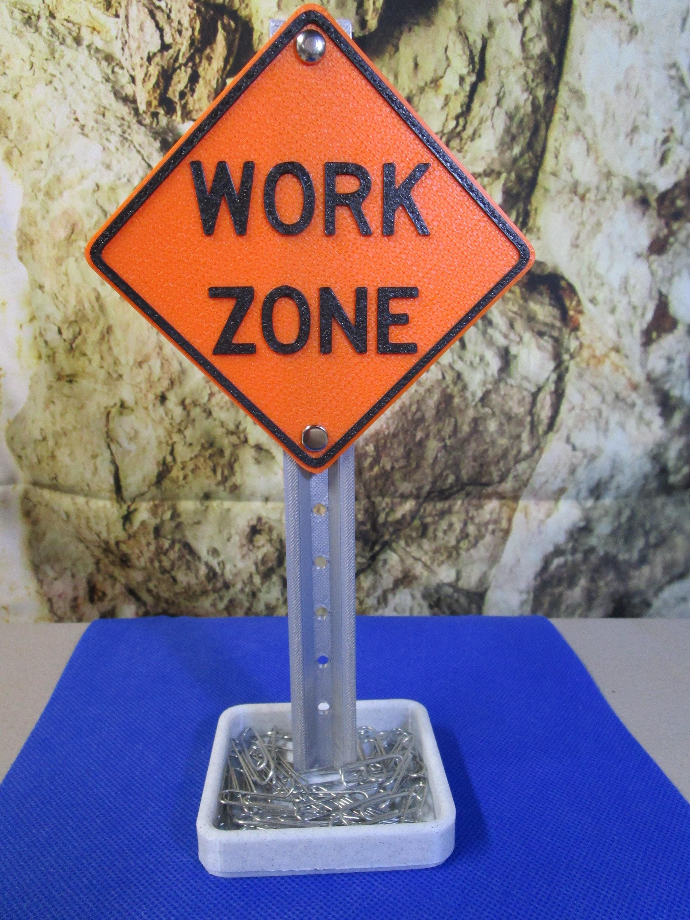 Work Zone Desk Sign — Authentic Mini Road Sign with Handy Tray & Card Slots