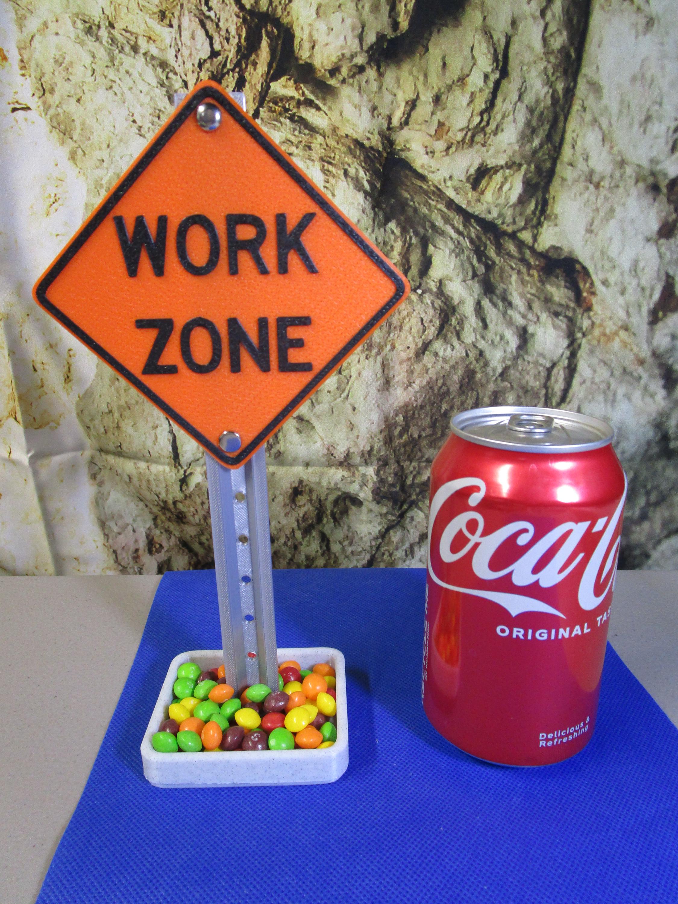 Work Zone Desk Sign — Authentic Mini Road Sign with Handy Tray & Card Slots