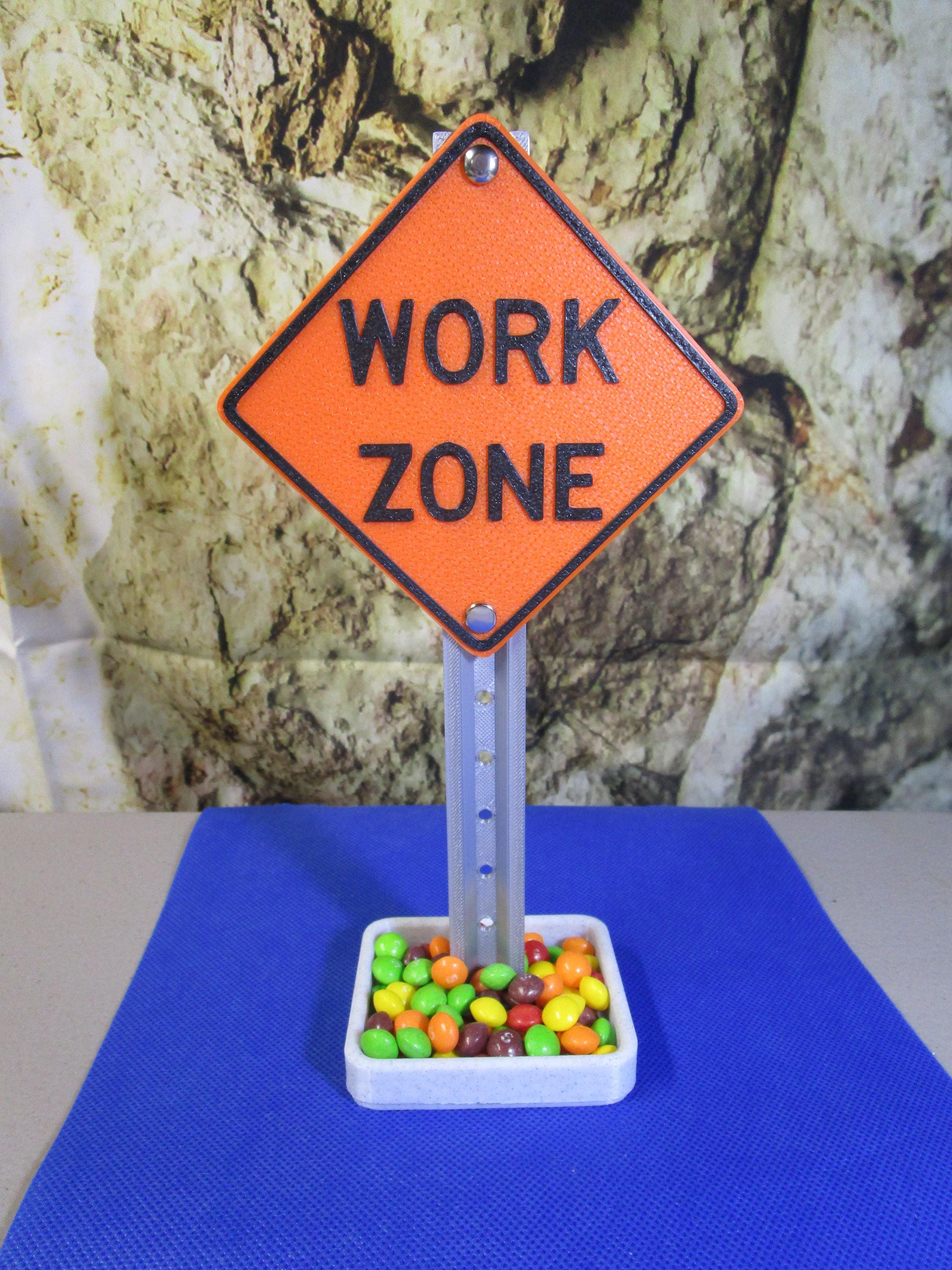 Work Zone Desk Sign — Authentic Mini Road Sign with Handy Tray & Card Slots