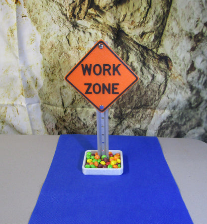 Work Zone Desk Sign — Authentic Mini Road Sign with Handy Tray & Card Slots