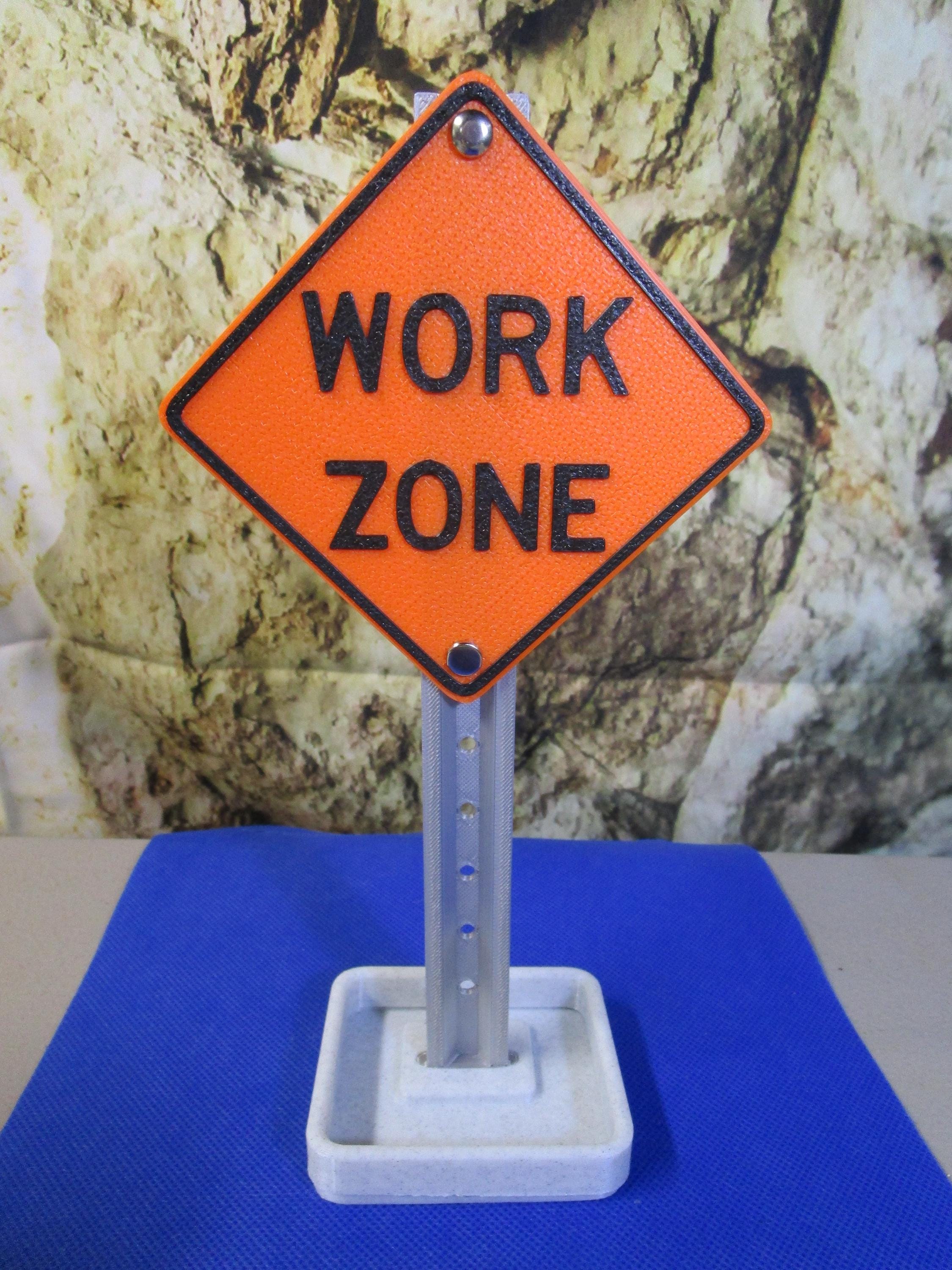 Work Zone Desk Sign — Authentic Mini Road Sign with Handy Tray & Card Slots