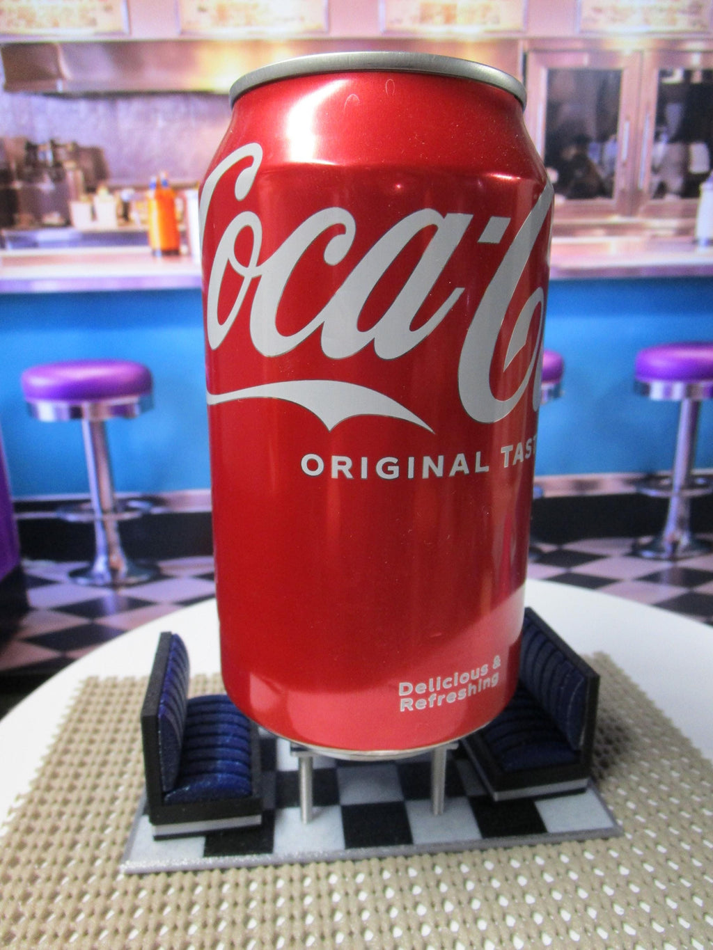 Miniature Diner Booth Set, Purple Sparkle Seats, Checkered Floor, Retro Display