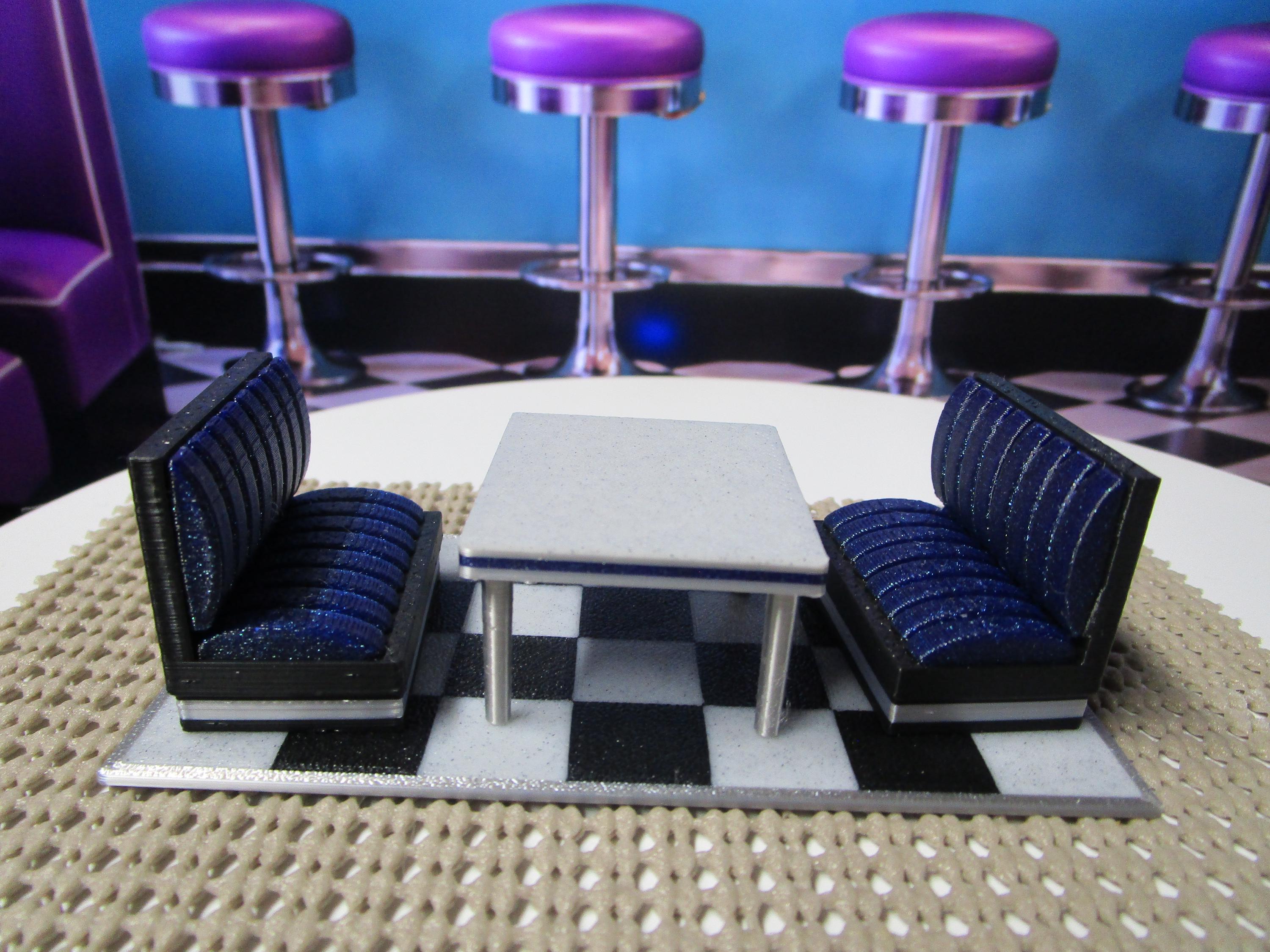 Miniature Diner Booth Set, Purple Sparkle Seats, Checkered Floor, Retro Display