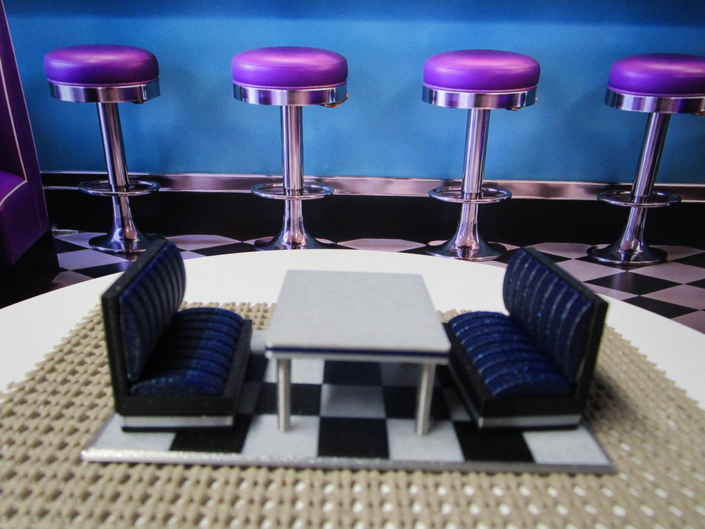 Miniature Diner Booth Set, Purple Sparkle Seats, Checkered Floor, Retro Display