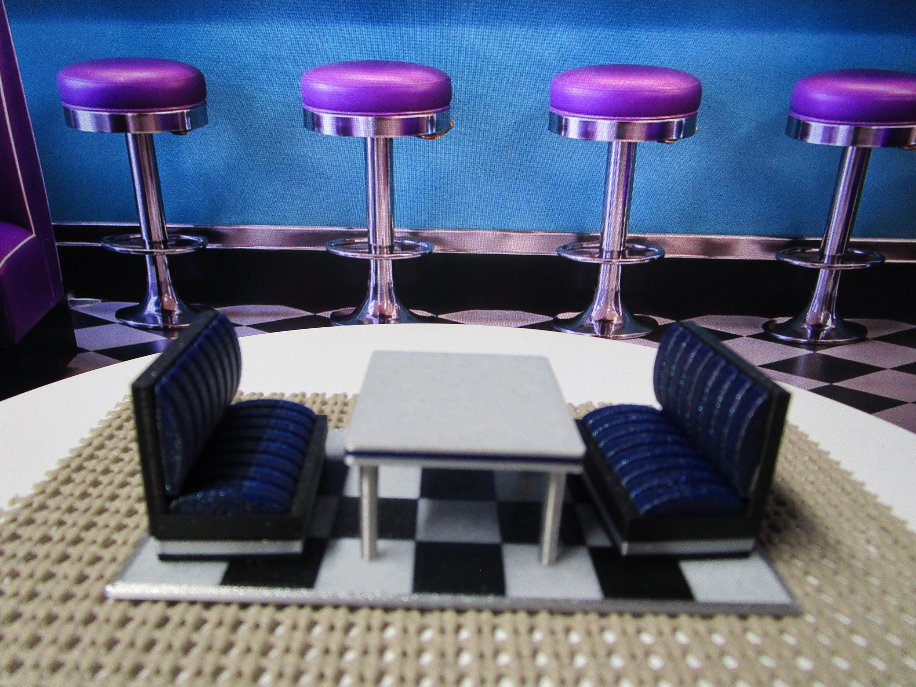 Miniature Diner Booth Set, Purple Sparkle Seats, Checkered Floor, Retro Display