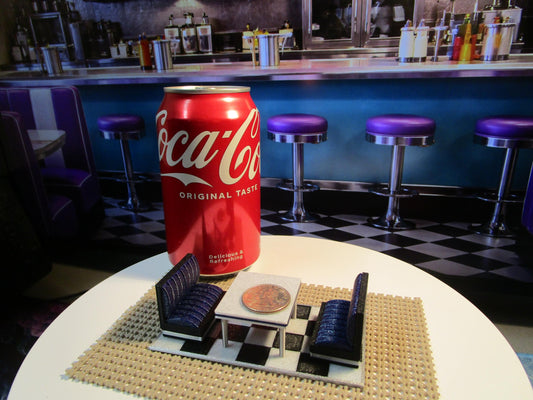 Miniature Diner Booth Set, Purple Sparkle Seats, Checkered Floor, Retro Display